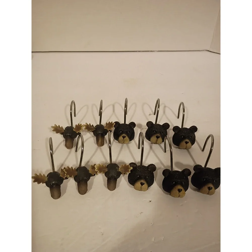 Rustic Bear and Moose Shower Curtain Hooks Set of 12 Lodge Cabin Decor Resin